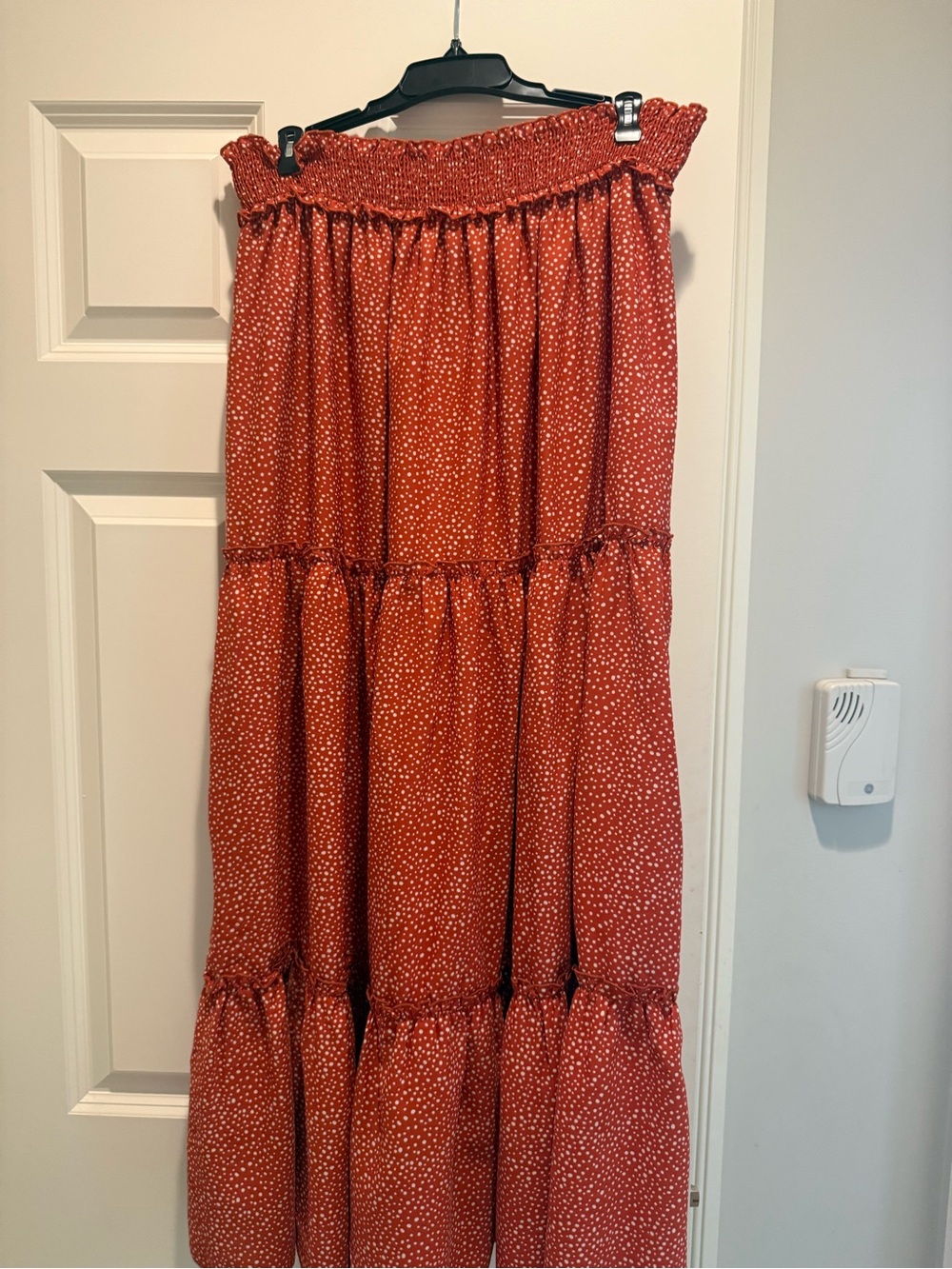 Smocked Waist Tiered Maxi Skirt in Rust Dot Print